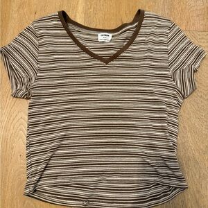 Cotton On Brown and White Striped V-Neck Tee